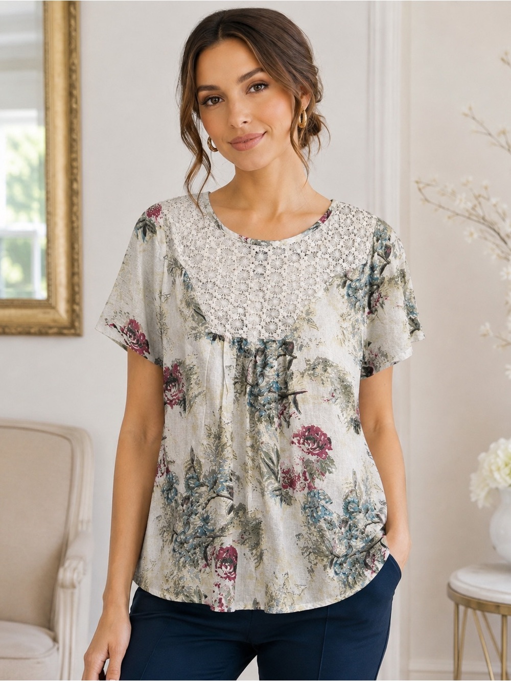 Intro Floral Cotton Crochet Tunic Top M L NWT